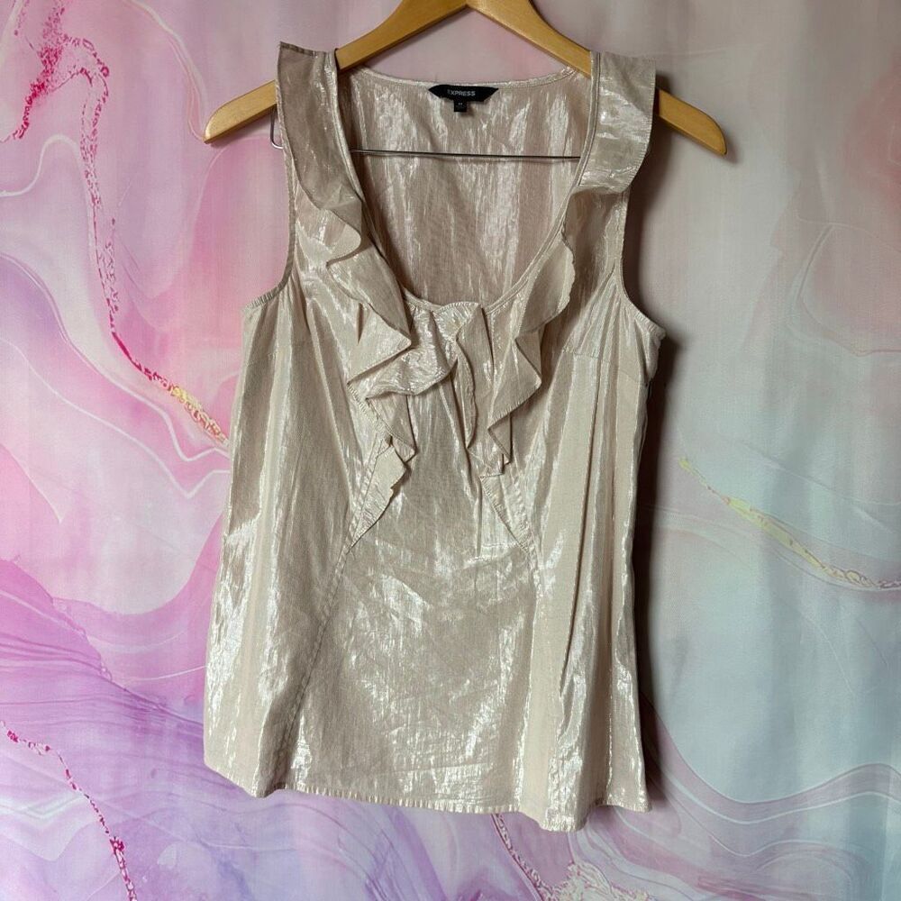 Express M Metallic Cream Sleeveless Ruffled Top Preppy Boardwalk Professional